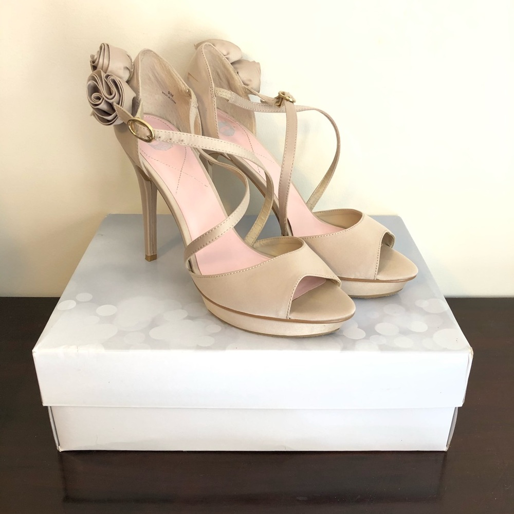 9.5M Satin Flower Platform Ankle Buckle Heels